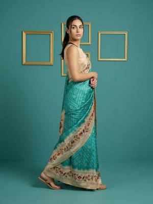 Sea green printed silk blend saree with beige floral border & designer pallu | traditional & festive wear saree 3