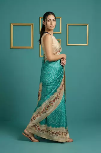 Sea green printed silk blend saree with beige floral border & designer pallu | traditional & festive wear saree