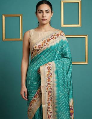 Sea green printed silk blend saree with beige floral border & designer pallu | traditional & festive wear saree 4
