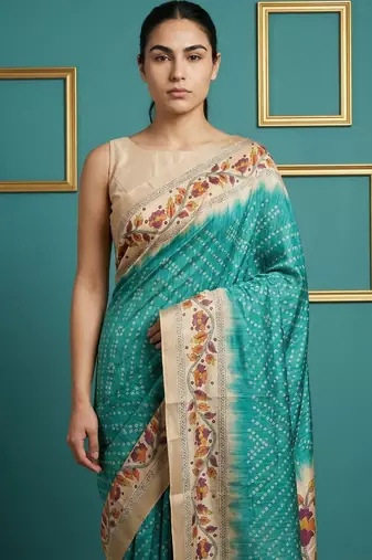 Sea green printed silk blend saree with beige floral border & designer pallu | traditional & festive wear saree
