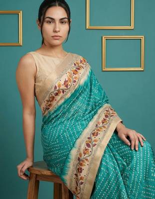 Sea green printed silk blend saree with beige floral border & designer pallu | traditional & festive wear saree 5