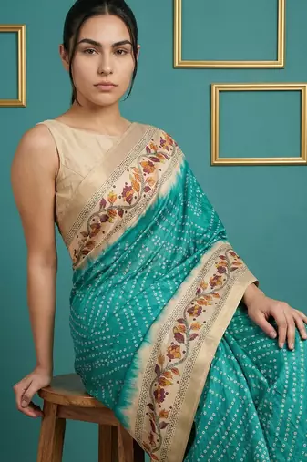 Sea green printed silk blend saree with beige floral border & designer pallu | traditional & festive wear saree