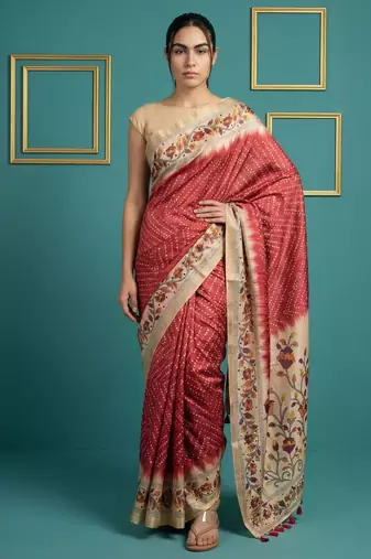 Red printed silk blend saree with beige floral border & designer pallu | traditional & festive wear saree