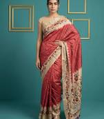 Red printed silk blend saree with beige floral border & designer pallu | traditional & festive wear saree