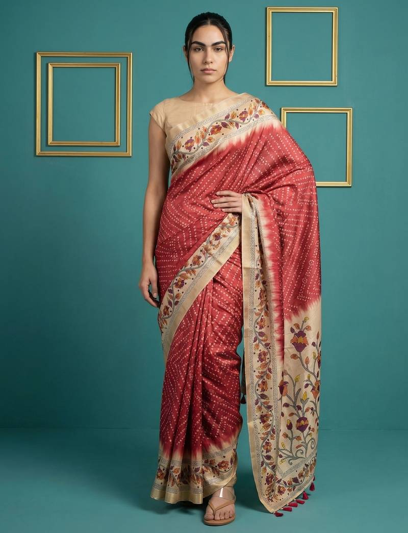Red printed silk blend saree with beige floral border & designer pallu | traditional & festive wear saree