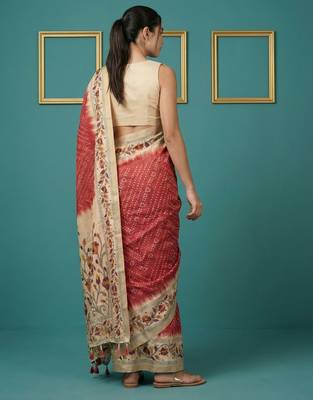 Red printed silk blend saree with beige floral border & designer pallu | traditional & festive wear saree 2