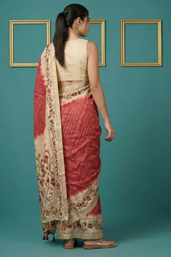 Red printed silk blend saree with beige floral border & designer pallu | traditional & festive wear saree