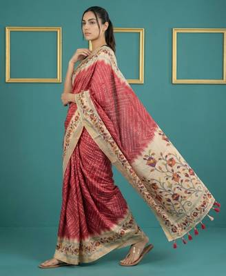 Red printed silk blend saree with beige floral border & designer pallu | traditional & festive wear saree 3