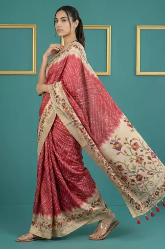 Red printed silk blend saree with beige floral border & designer pallu | traditional & festive wear saree
