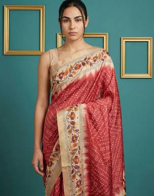 Red printed silk blend saree with beige floral border & designer pallu | traditional & festive wear saree 4