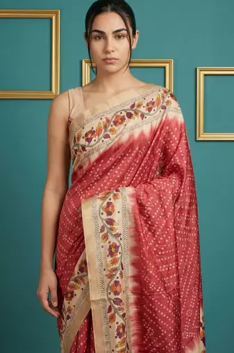Red printed silk blend saree with beige floral border & designer pallu | traditional & festive wear saree