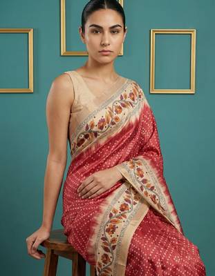 Red printed silk blend saree with beige floral border & designer pallu | traditional & festive wear saree 5