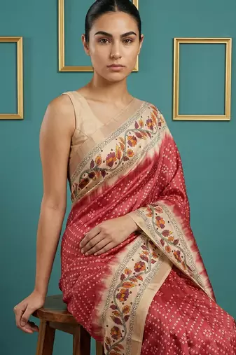 Red printed silk blend saree with beige floral border & designer pallu | traditional & festive wear saree