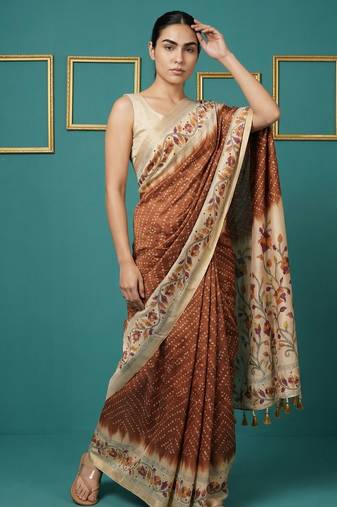 Brown printed silk blend saree with beige floral border & designer pallu | traditional & festive wear saree