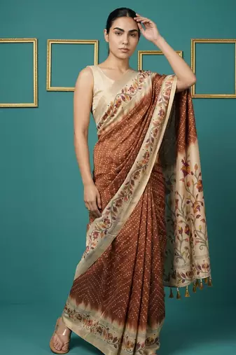 Brown printed silk blend saree with beige floral border & designer pallu | traditional & festive wear saree