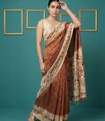 Brown printed silk blend saree with beige floral border & designer pallu | traditional & festive wear saree
