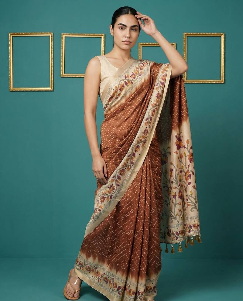 Brown printed silk blend saree with beige floral border & designer pallu | traditional & festive wear saree
