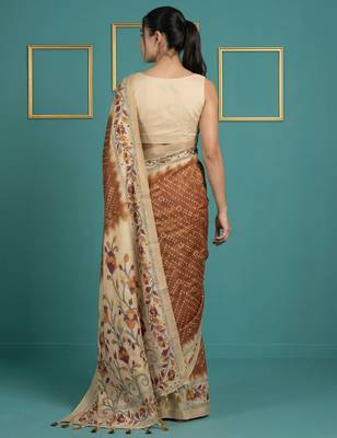 Brown printed silk blend saree with beige floral border & designer pallu | traditional & festive wear saree 2
