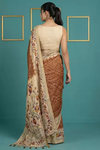 Brown printed silk blend saree with beige floral border & designer pallu | traditional & festive wear saree