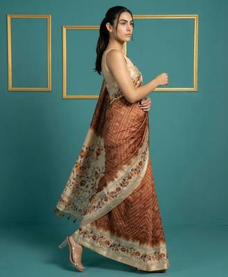 Brown printed silk blend saree with beige floral border & designer pallu | traditional & festive wear saree 3