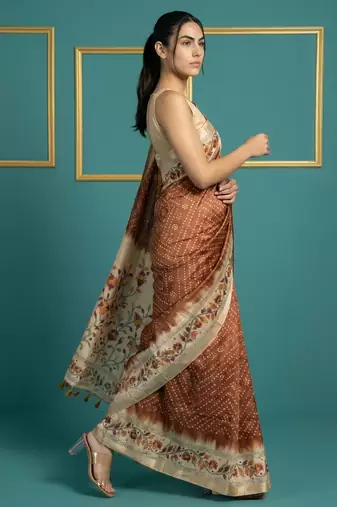 Brown printed silk blend saree with beige floral border & designer pallu | traditional & festive wear saree