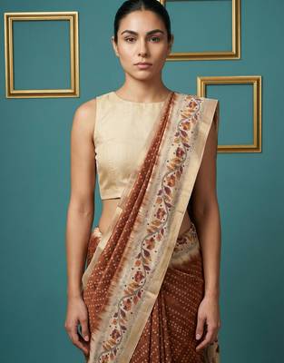 Brown printed silk blend saree with beige floral border & designer pallu | traditional & festive wear saree 4