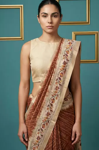 Brown printed silk blend saree with beige floral border & designer pallu | traditional & festive wear saree