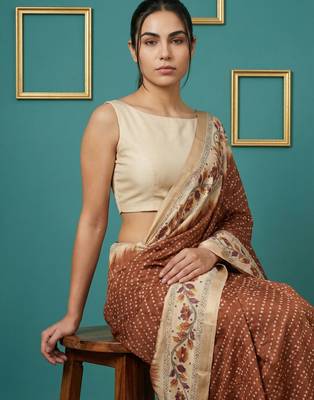 Brown printed silk blend saree with beige floral border & designer pallu | traditional & festive wear saree 5