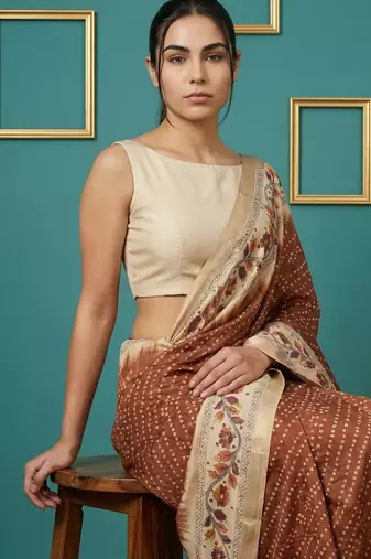 Brown printed silk blend saree with beige floral border & designer pallu | traditional & festive wear saree