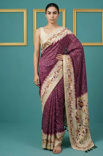 Wine printed silk blend saree with beige floral border & designer pallu | traditional & festive wear saree