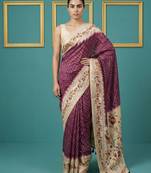Wine printed silk blend saree with beige floral border & designer pallu | traditional & festive wear saree