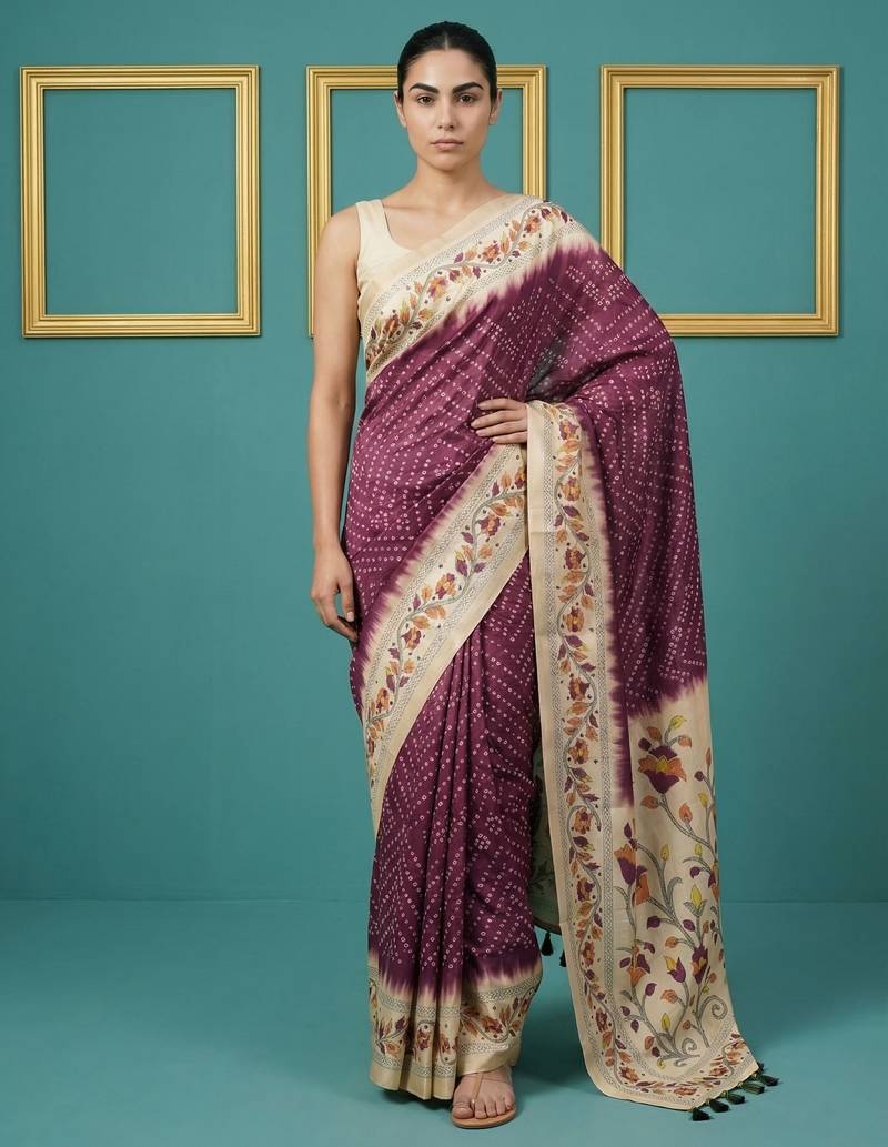 Wine printed silk blend saree with beige floral border & designer pallu | traditional & festive wear saree