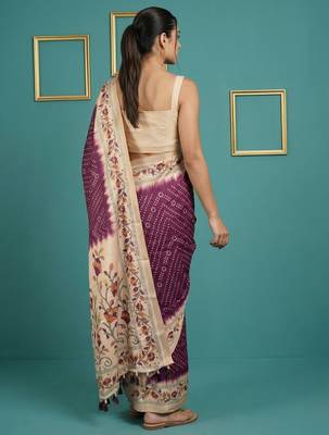 Wine printed silk blend saree with beige floral border & designer pallu | traditional & festive wear saree 2