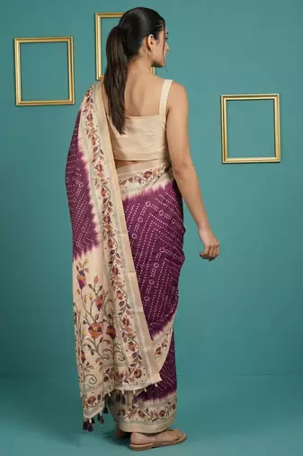Wine printed silk blend saree with beige floral border & designer pallu | traditional & festive wear saree