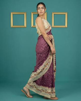 Wine printed silk blend saree with beige floral border & designer pallu | traditional & festive wear saree 3
