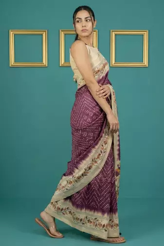 Wine printed silk blend saree with beige floral border & designer pallu | traditional & festive wear saree