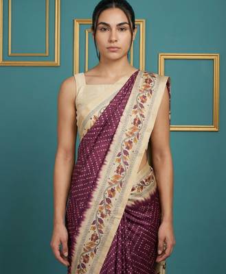 Wine printed silk blend saree with beige floral border & designer pallu | traditional & festive wear saree 4