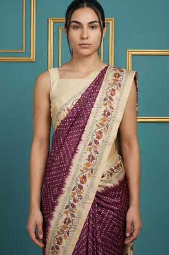 Wine printed silk blend saree with beige floral border & designer pallu | traditional & festive wear saree
