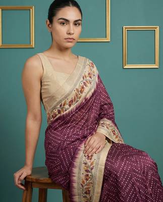Wine printed silk blend saree with beige floral border & designer pallu | traditional & festive wear saree 5