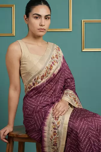 Wine printed silk blend saree with beige floral border & designer pallu | traditional & festive wear saree