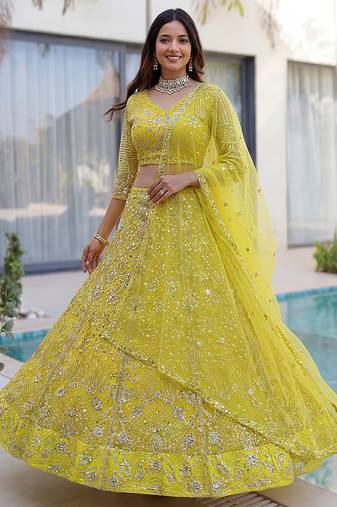 Awesome Lime Yellow Coding Work Net Cocktail Wear Lehenga Choli