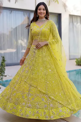 Awesome Lime Yellow Coding Work Net Cocktail Wear Lehenga Choli