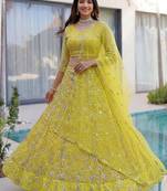Awesome Lime Yellow Coding Work Net Cocktail Wear Lehenga Choli