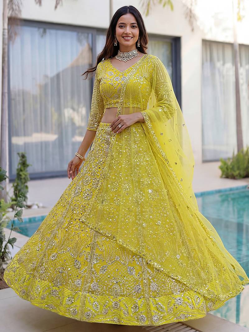 Awesome Lime Yellow Coding Work Net Cocktail Wear Lehenga Choli