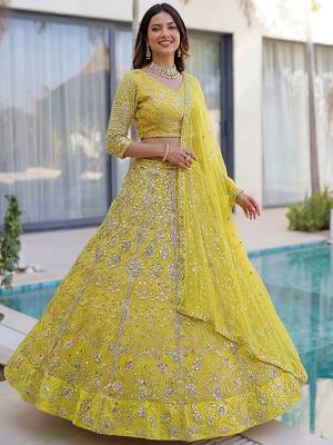 Awesome Lime Yellow Coding Work Net Cocktail Wear Lehenga Choli 2