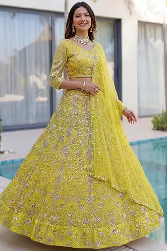Awesome Lime Yellow Coding Work Net Cocktail Wear Lehenga Choli