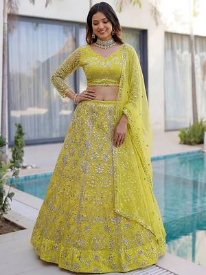 Awesome Lime Yellow Coding Work Net Cocktail Wear Lehenga Choli 3