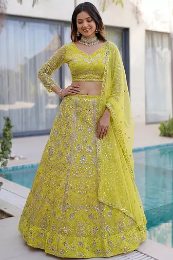 Awesome Lime Yellow Coding Work Net Cocktail Wear Lehenga Choli