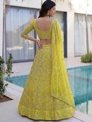 Awesome Lime Yellow Coding Work Net Cocktail Wear Lehenga Choli 4