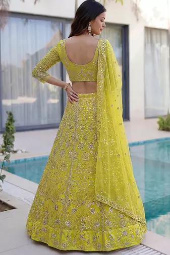 Awesome Lime Yellow Coding Work Net Cocktail Wear Lehenga Choli